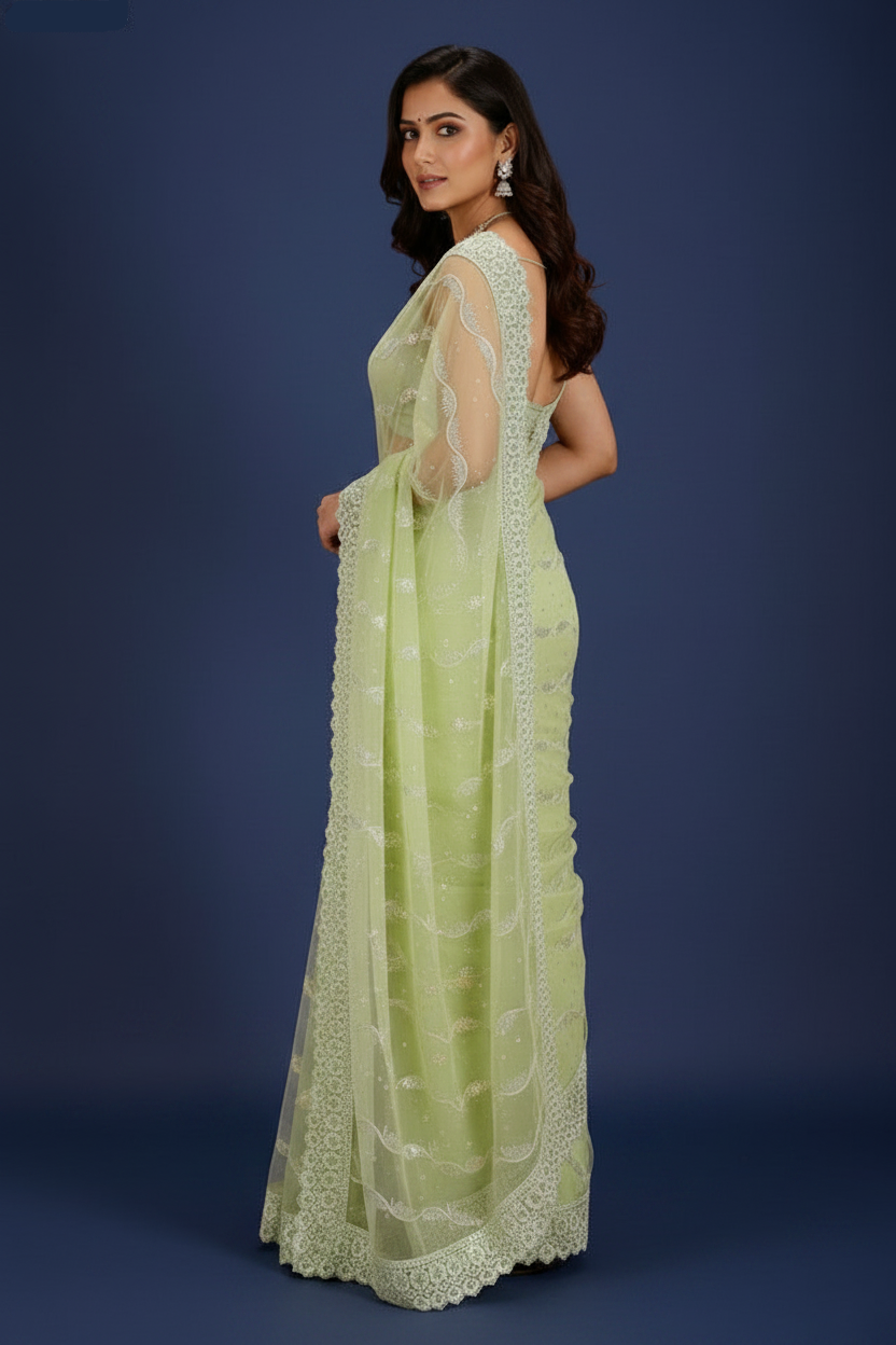 Mint Green Embellished Net Saree With Lace Border