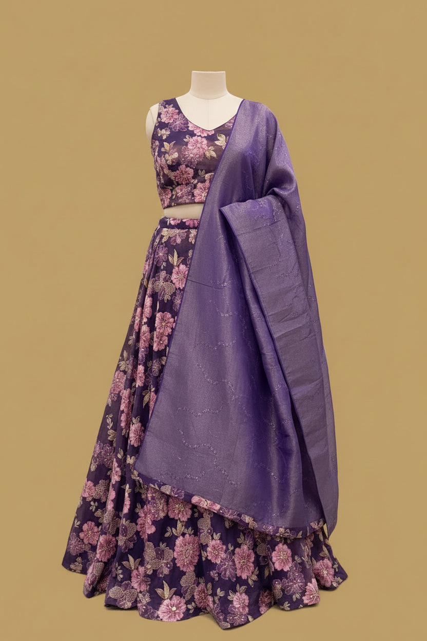 Purple Floral Georgette Lehenga Set