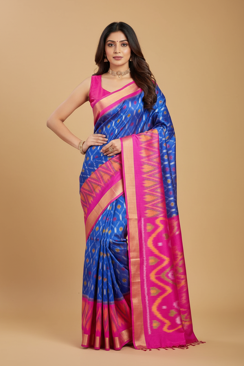 Royal Blue Pure Ikat Silk Saree with Magenta Pink Border
