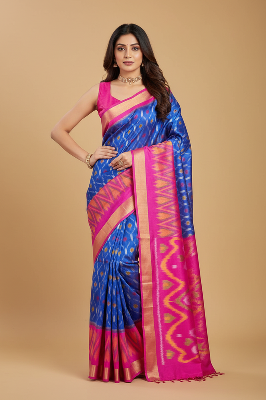 Royal Blue Pure Ikat Silk Saree with Magenta Pink Border