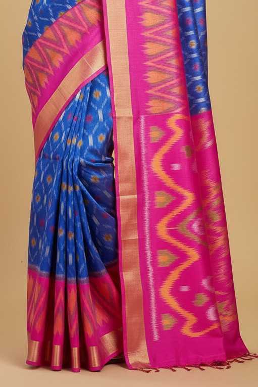 Royal Blue Pure Ikat Silk Saree with Magenta Pink Border