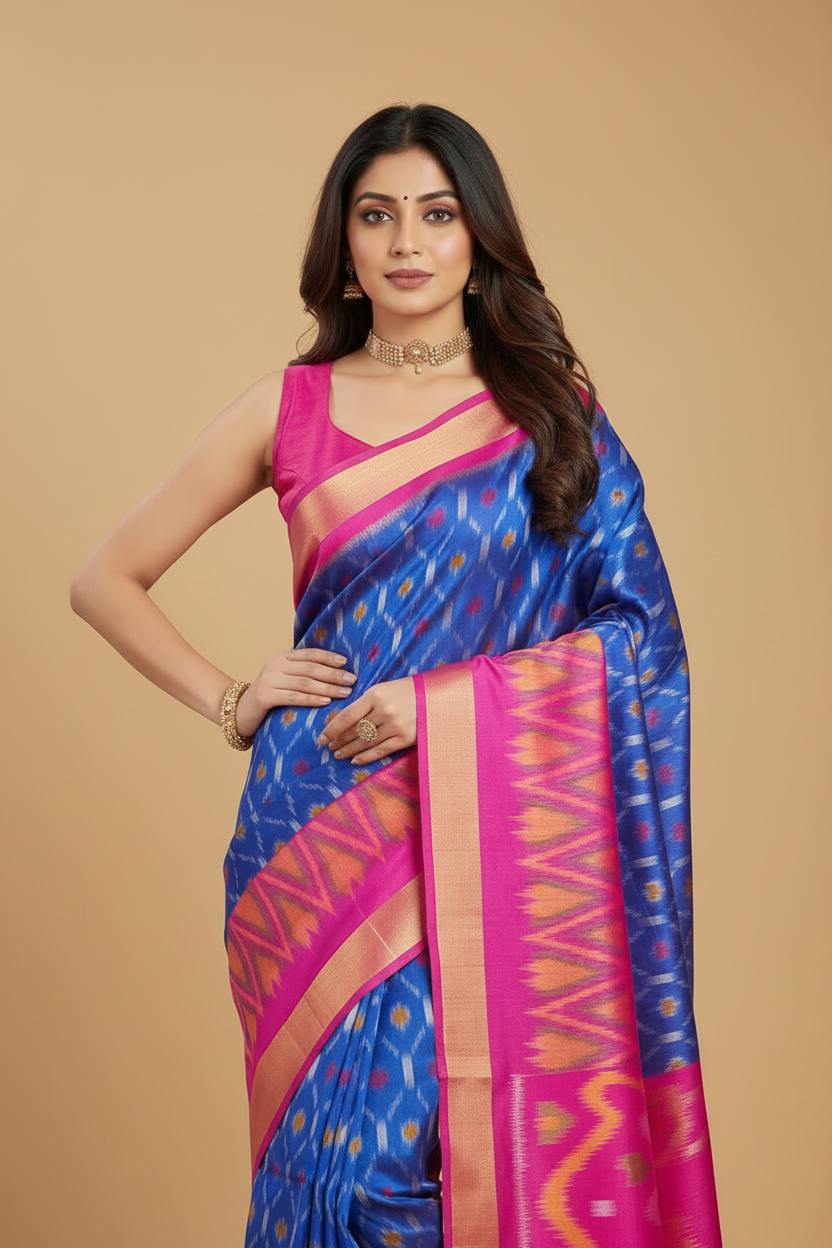 Royal Blue Pure Ikat Silk Saree with Magenta Pink Border