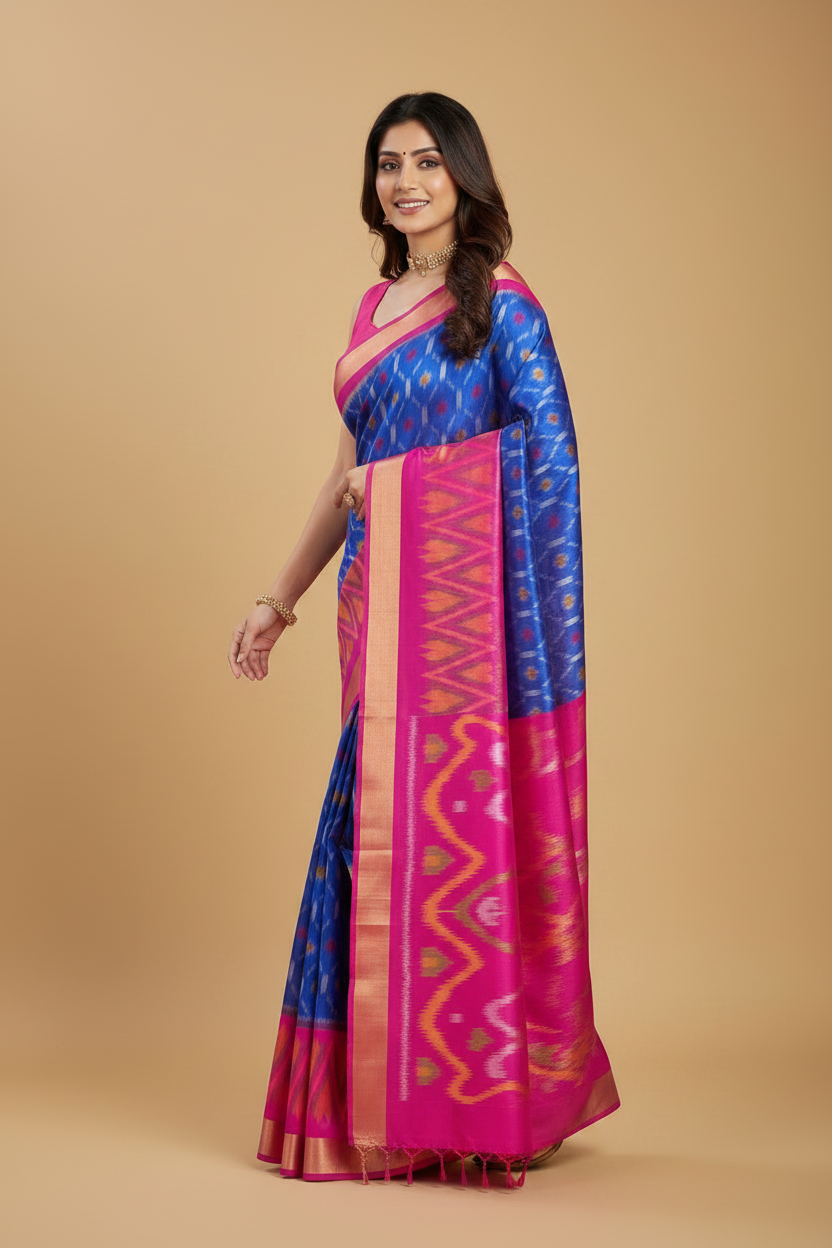Royal Blue Pure Ikat Silk Saree with Magenta Pink Border