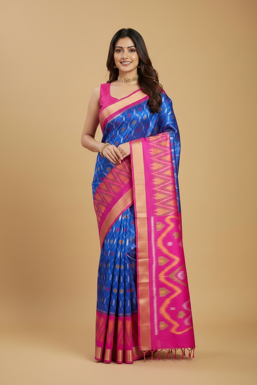 Royal Blue Pure Ikat Silk Saree with Magenta Pink Border
