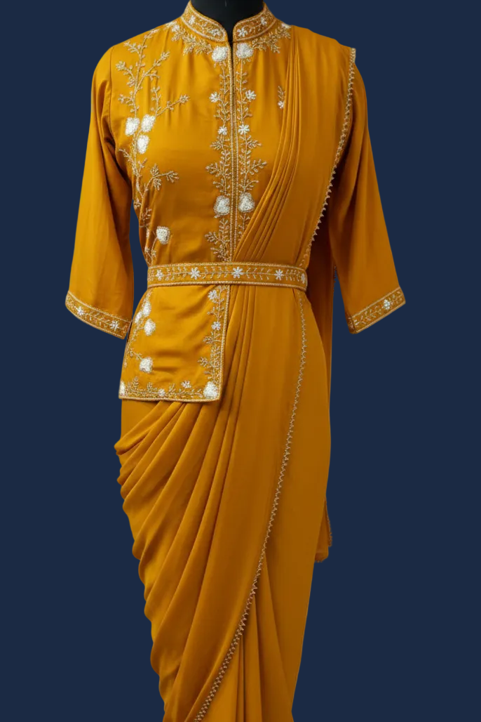 Amber Yellow Ready-to-Wear Saree with Asymmetrical Embellished Blouse and Belt
