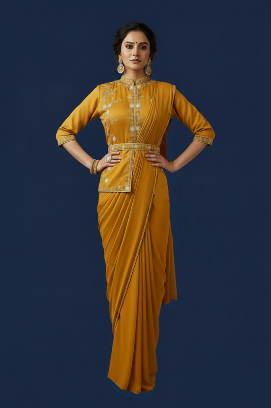 Amber Yellow Ready-to-Wear Saree with Asymmetrical Embellished Blouse and Belt