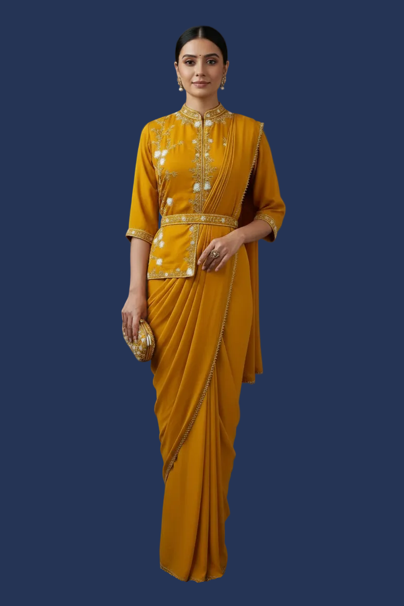 Amber Yellow Ready-to-Wear Saree with Asymmetrical Embellished Blouse and Belt