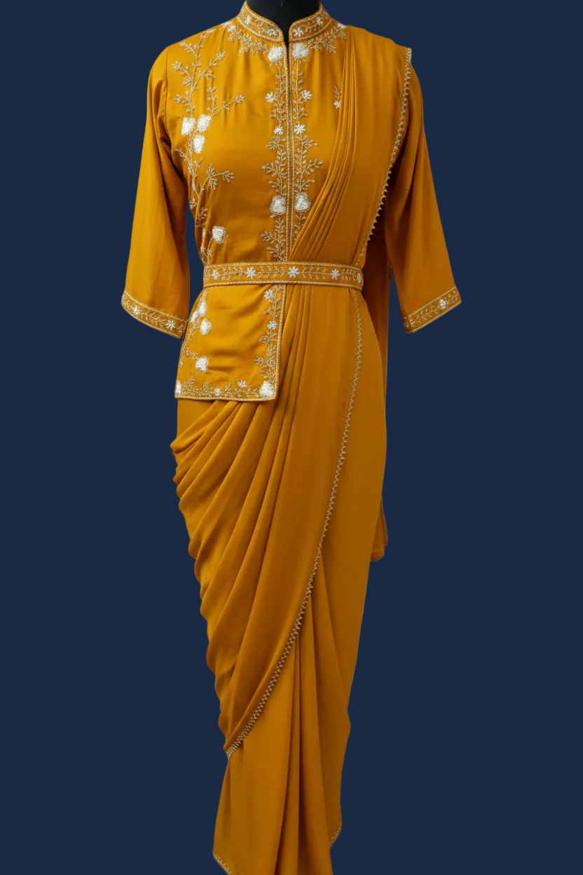 Amber Yellow Ready-to-Wear Saree with Asymmetrical Embellished Blouse and Belt