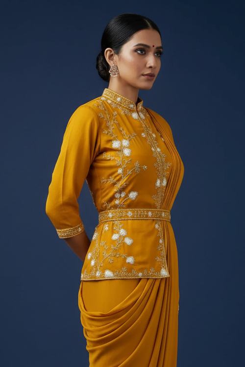 Amber Yellow Ready-to-Wear Saree with Asymmetrical Embellished Blouse and Belt
