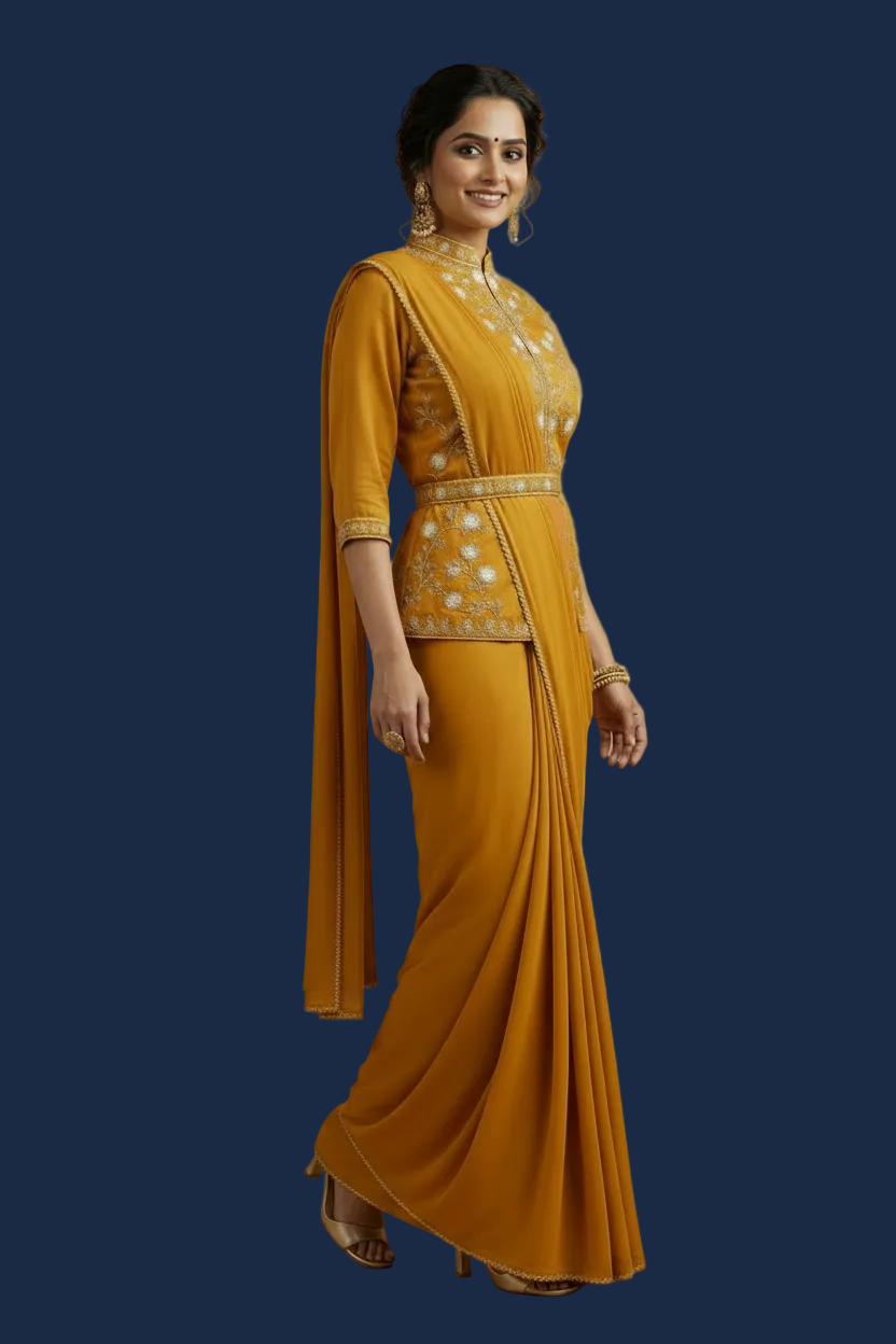 Amber Yellow Ready-to-Wear Saree with Asymmetrical Embellished Blouse and Belt