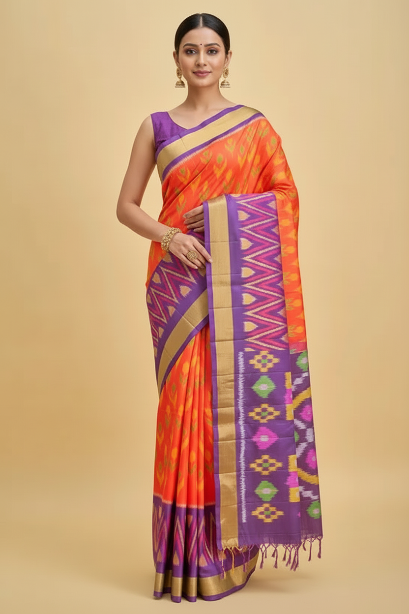 Orange Ikat Pure Silk Saree with Purple Border