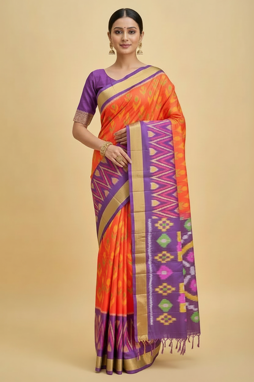 Orange Ikat Pure Silk Saree with Purple Border