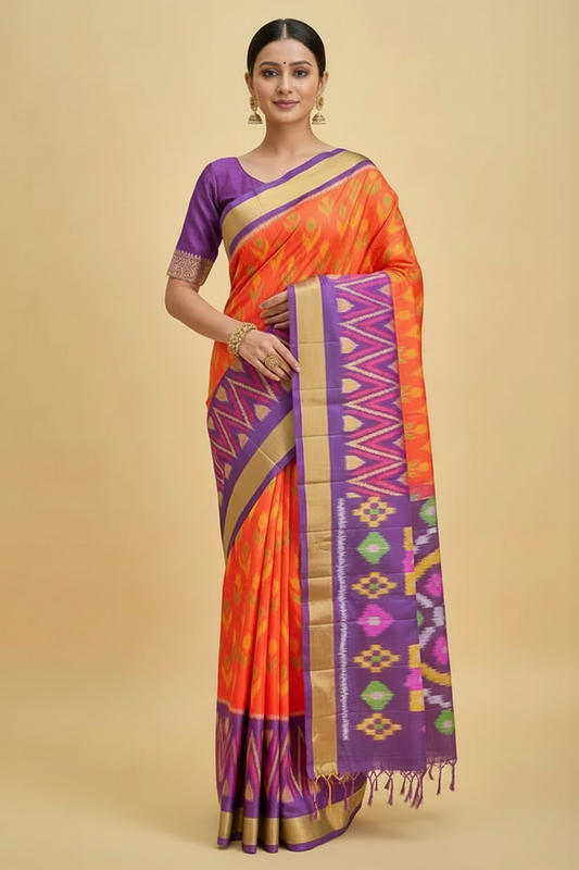 Orange Ikat Pure Silk Saree with Purple Border