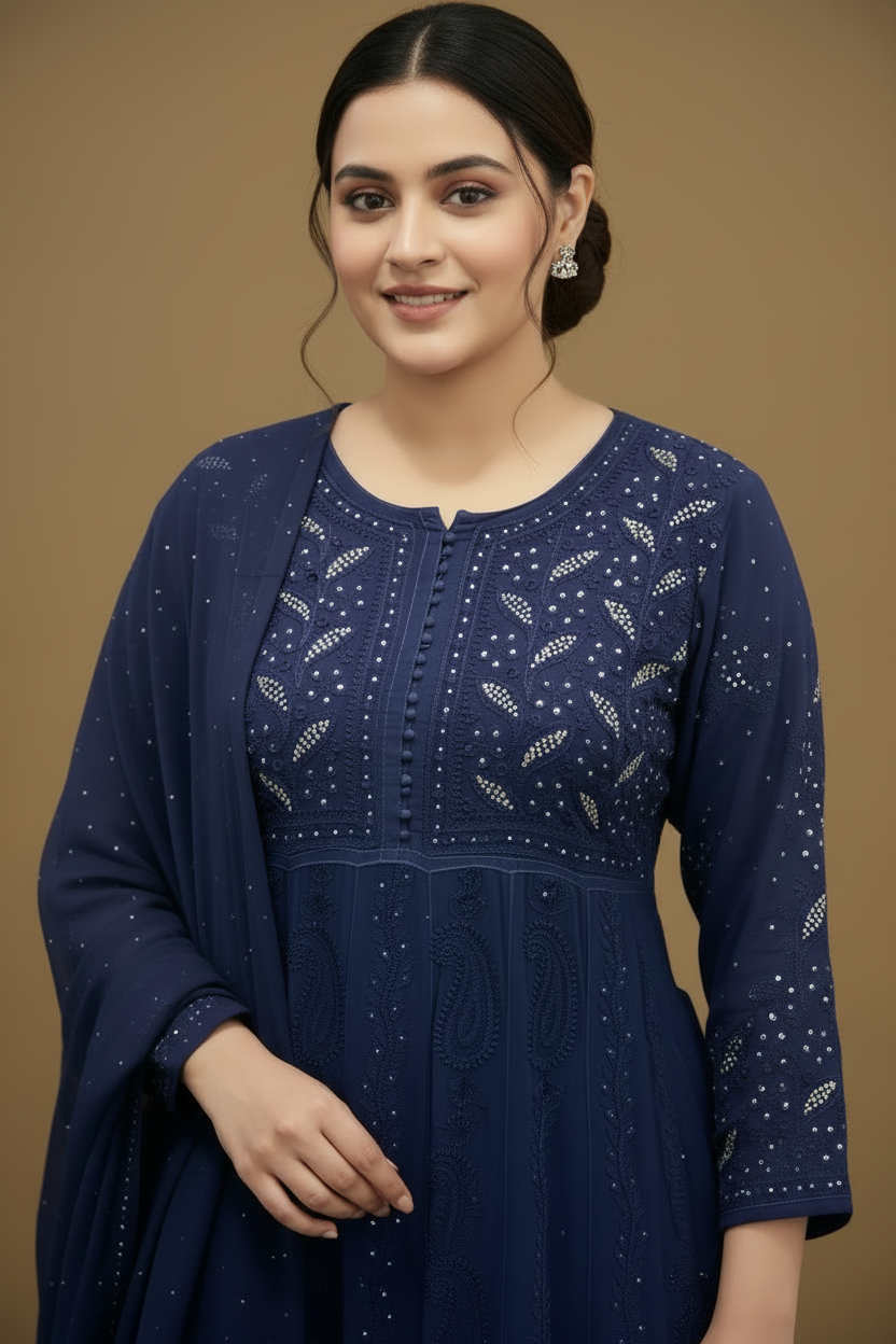 Navy Blue Pure Chikankari Georgette Anarkali Set with Mukaish Work