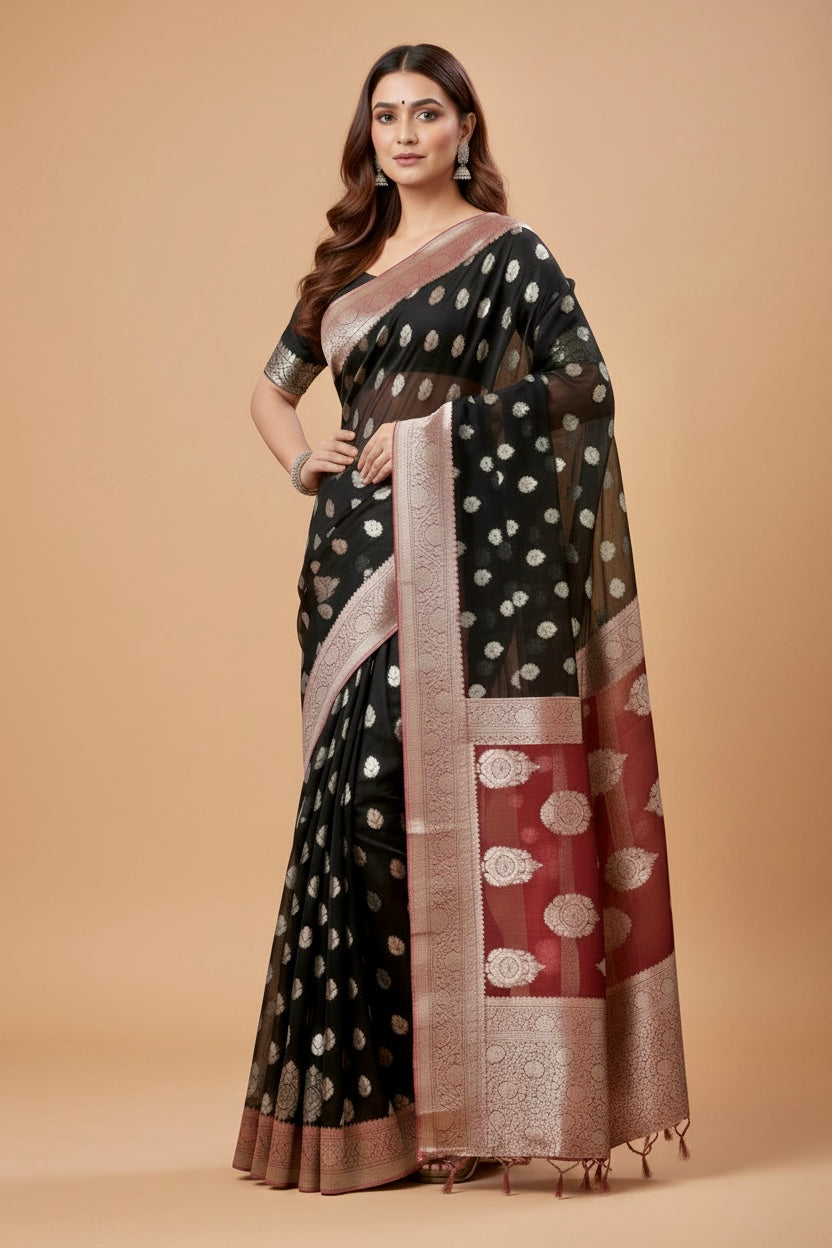 Brown Banarasi Chiffon Silk Saree with Red Border & Pallu