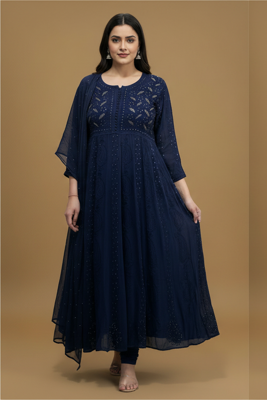 Navy Blue Pure Chikankari Georgette Anarkali Set with Mukaish Work