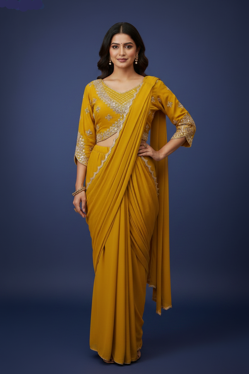 Mustard Yellow Ready-to-Wear Saree with Embellished Blouse