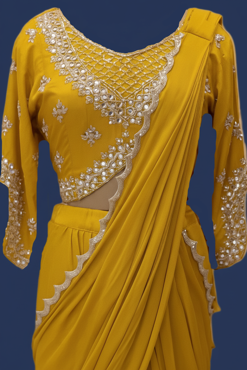 Mustard Yellow Ready-to-Wear Saree with Embellished Blouse