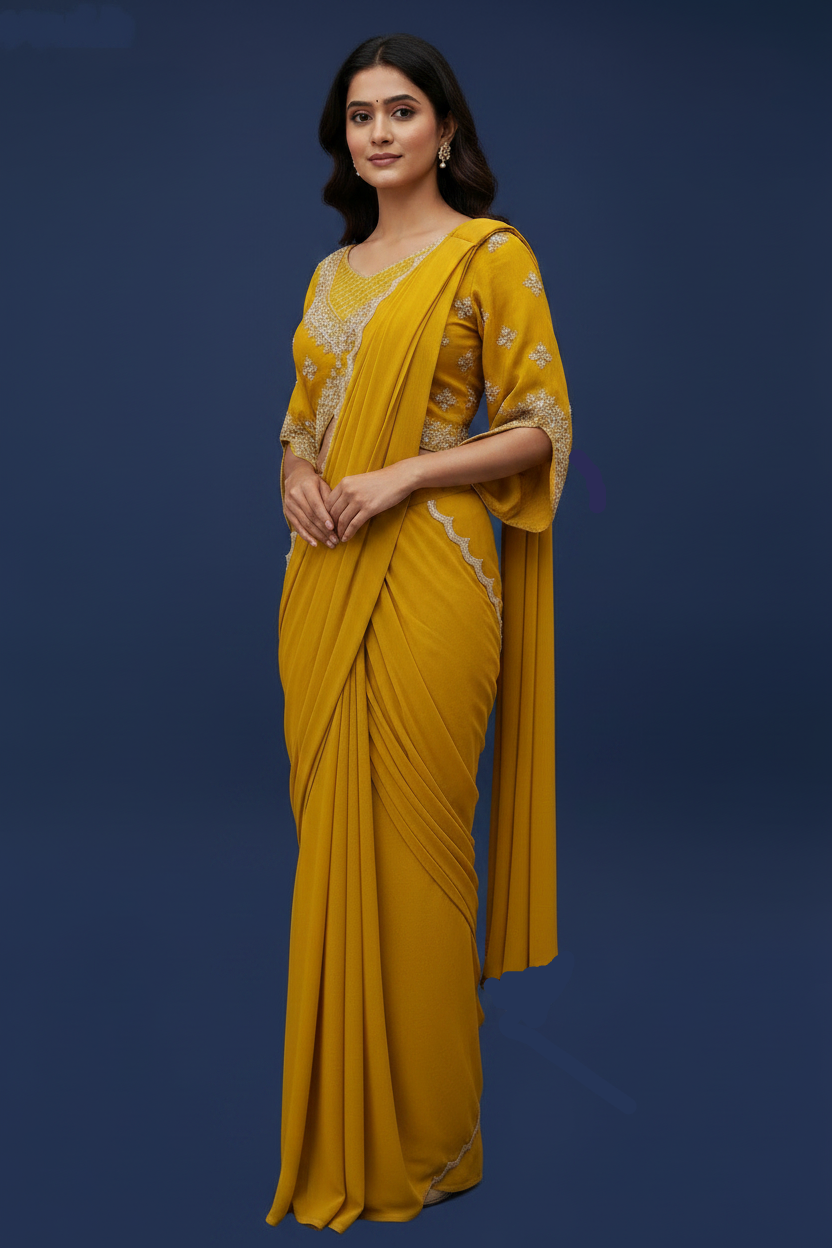 Mustard Yellow Ready-to-Wear Saree with Embellished Blouse
