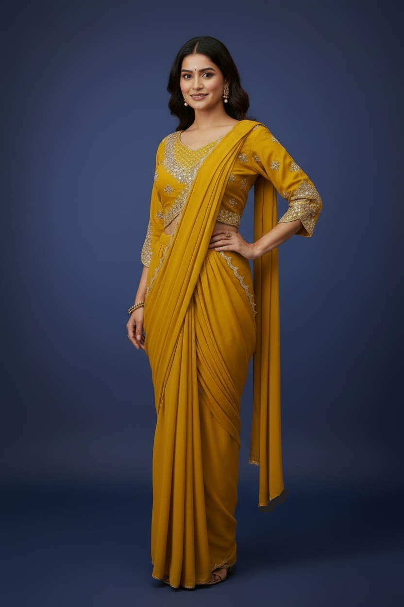 Mustard Yellow Ready-to-Wear Saree with Embellished Blouse