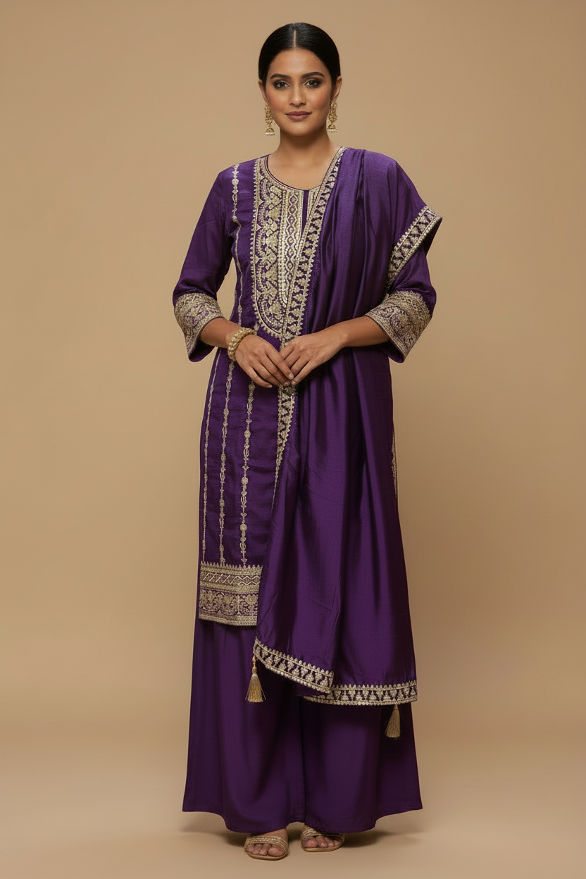 Purple Silk Sharara Set with Embroidery