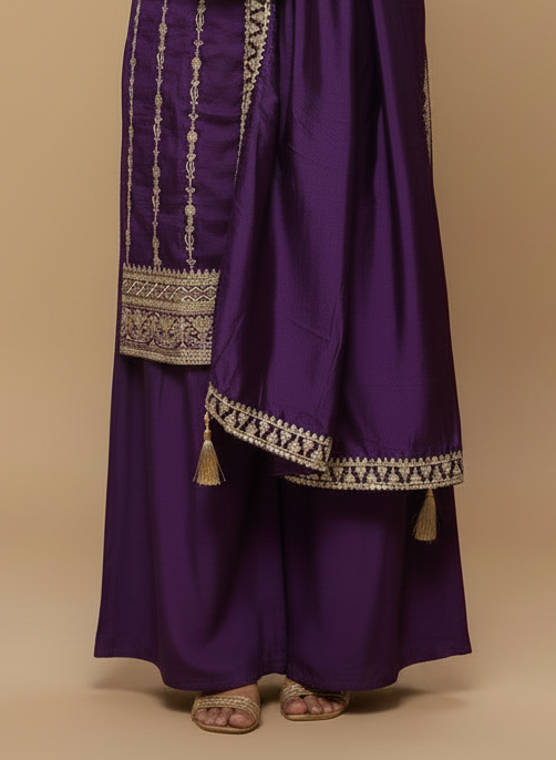 Purple Silk Sharara Set with Embroidery