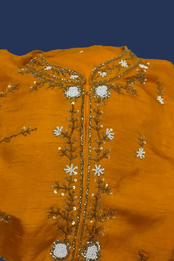 Amber Yellow Ready-to-Wear Saree with Asymmetrical Embellished Blouse and Belt