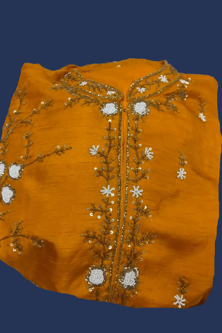 Amber Yellow Ready-to-Wear Saree with Asymmetrical Embellished Blouse and Belt