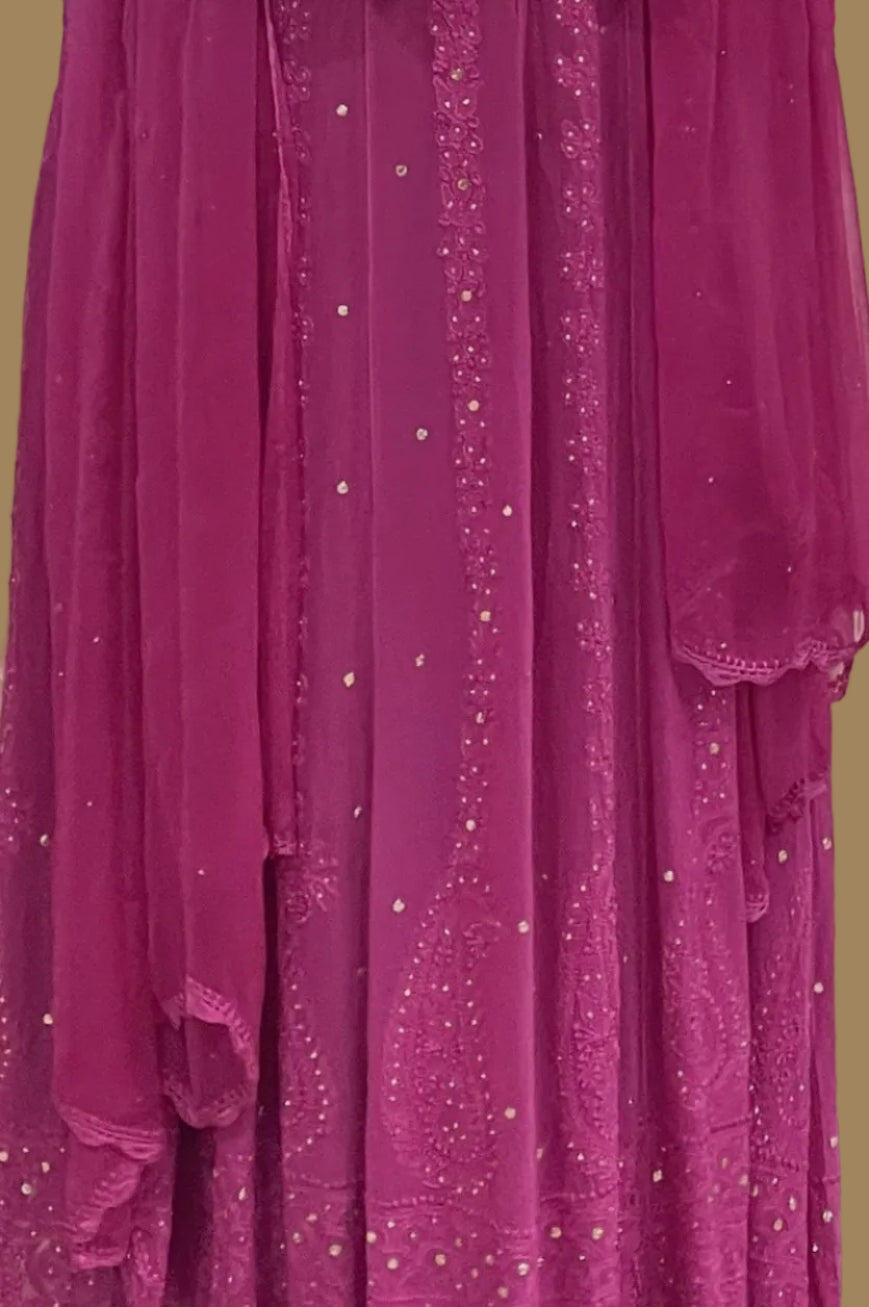 Hot Pink Pure Chikankari Georgette Anarkali Set