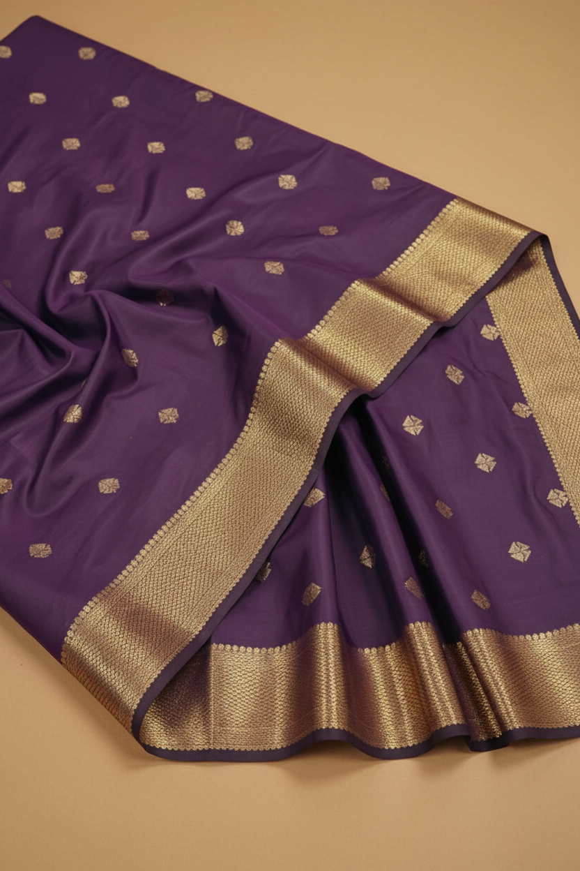Deep Purple Viscose Silk Saree with Gold Border