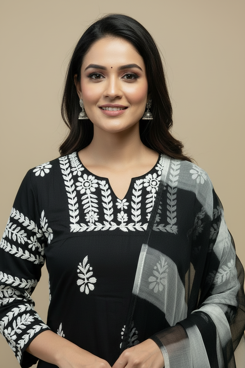 Black Chikankari Soft Modal Salwar Set with Leheriya Chiffon Dupatta