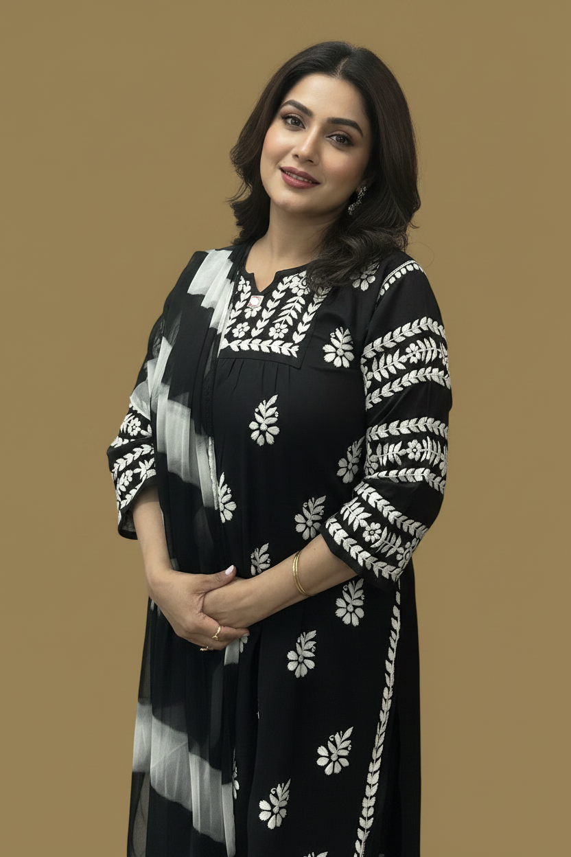 Black Chikankari Soft Modal Salwar Set with Leheriya Chiffon Dupatta
