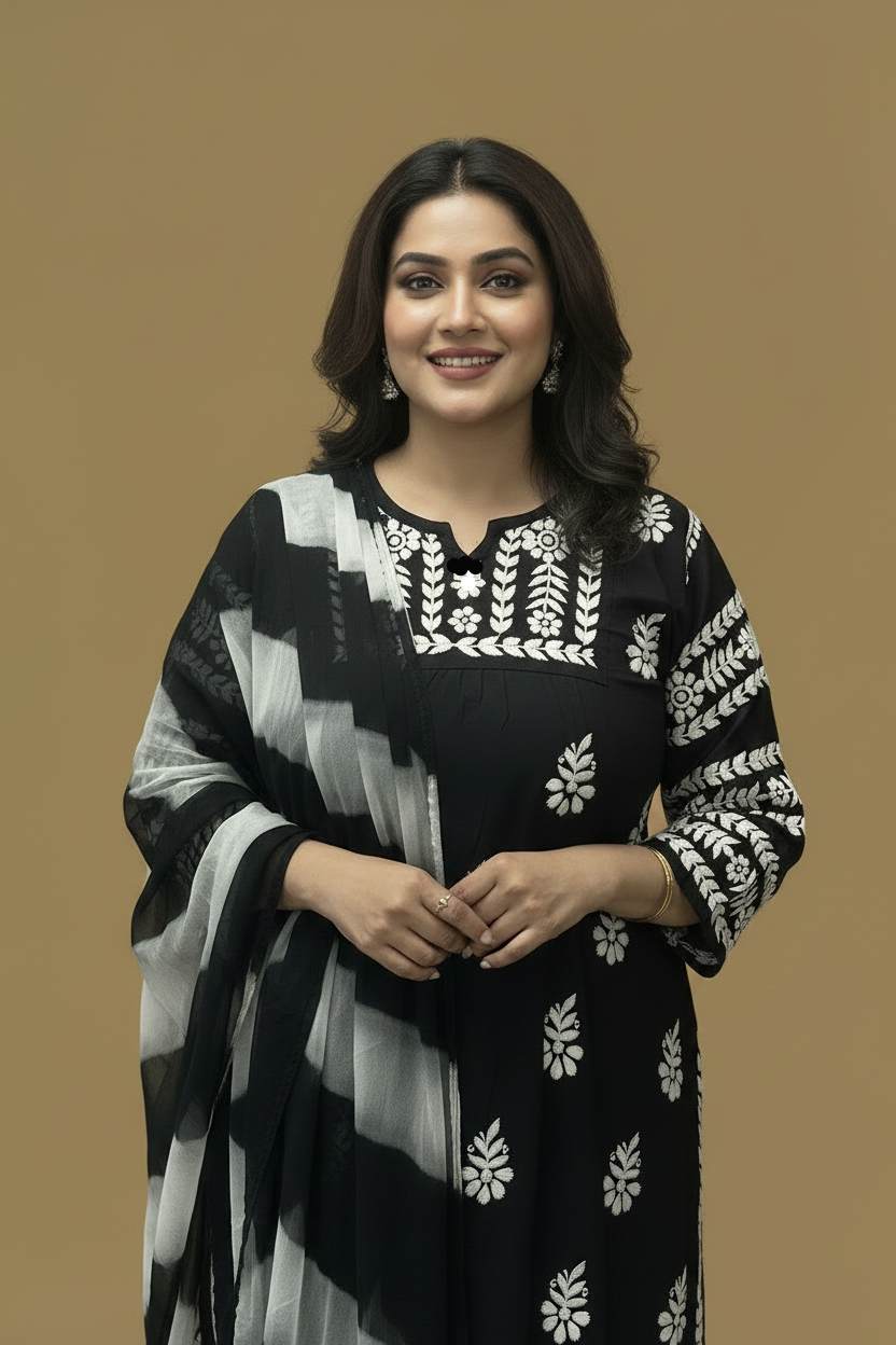 Black Chikankari Soft Modal Salwar Set with Leheriya Chiffon Dupatta