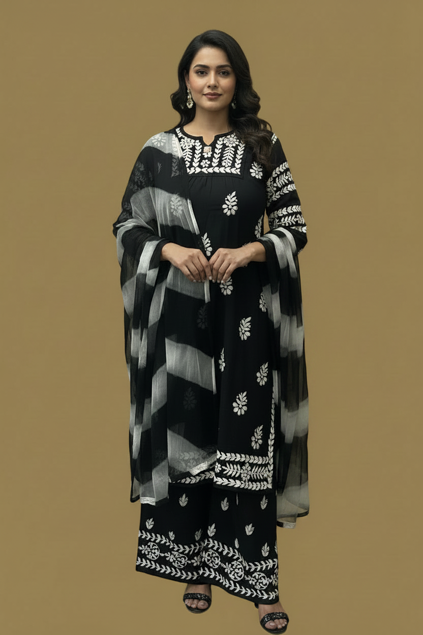 Black Chikankari Soft Modal Salwar Set with Leheriya Chiffon Dupatta