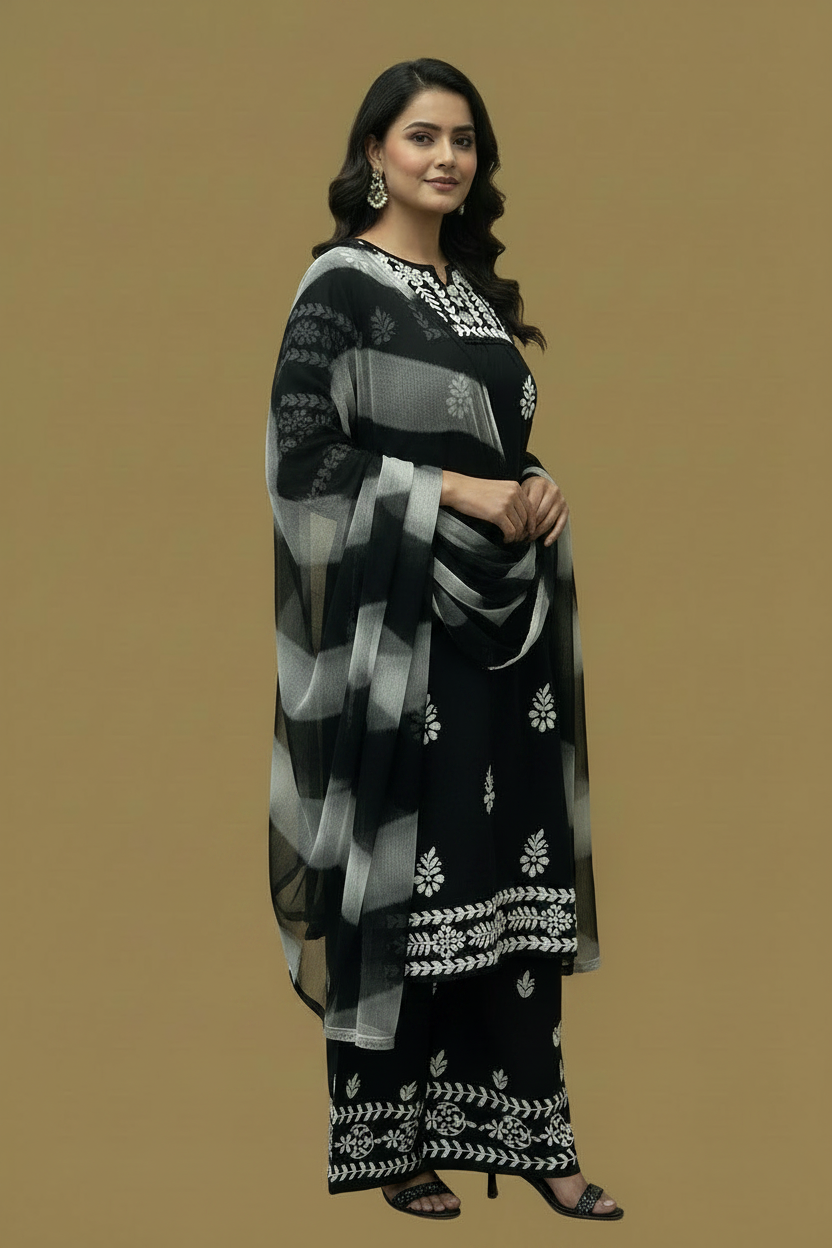 Black Chikankari Soft Modal Salwar Set with Leheriya Chiffon Dupatta