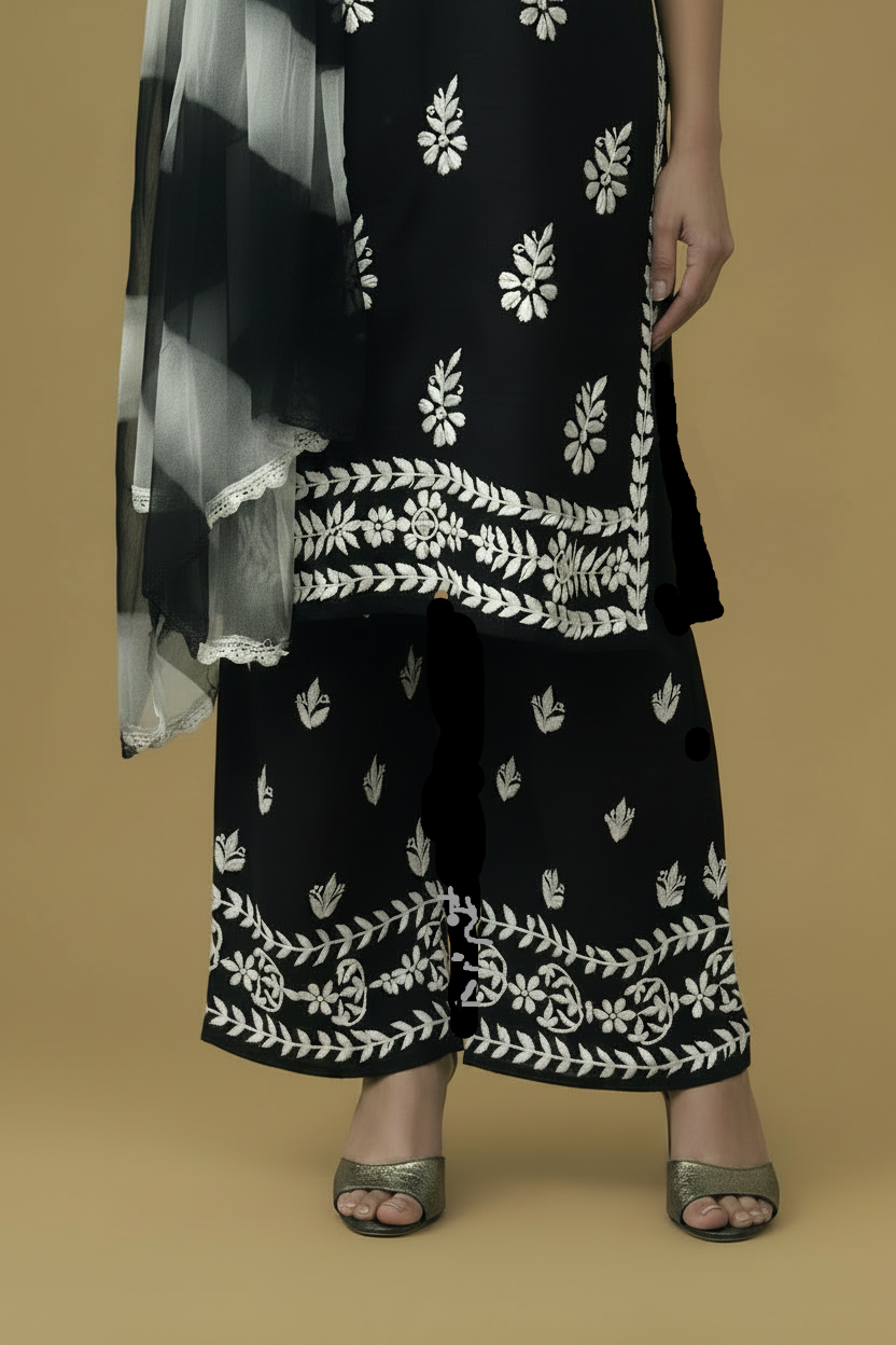 Black Chikankari Soft Modal Salwar Set with Leheriya Chiffon Dupatta
