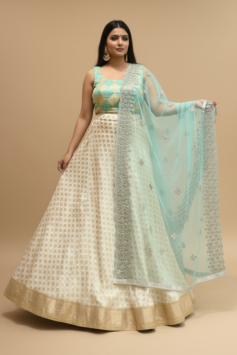 Off-White & Aqua Chanderi Silk Lehenga Set