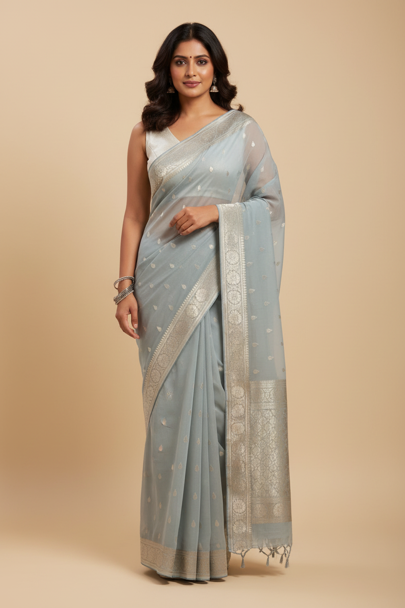 Grey Banarasi Georgette Saree with Silver Zari