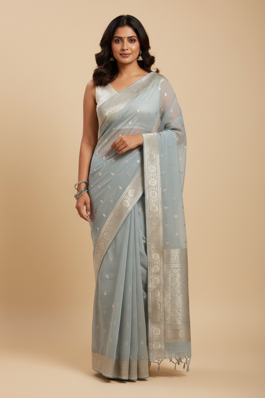 Grey Banarasi Georgette Saree with Silver Zari
