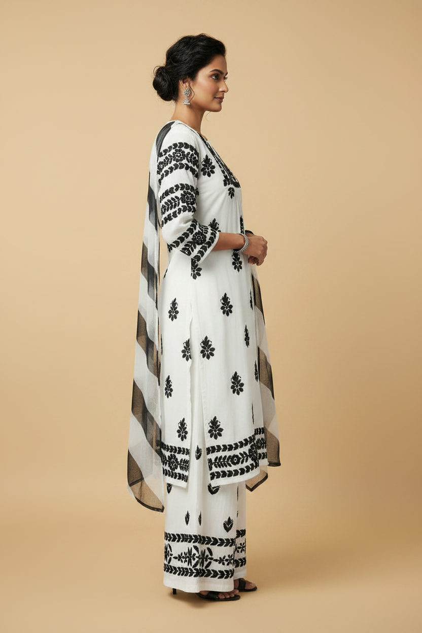 White Chikankari Soft Modal Salwar Set with Leheriya Chiffon Dupatta