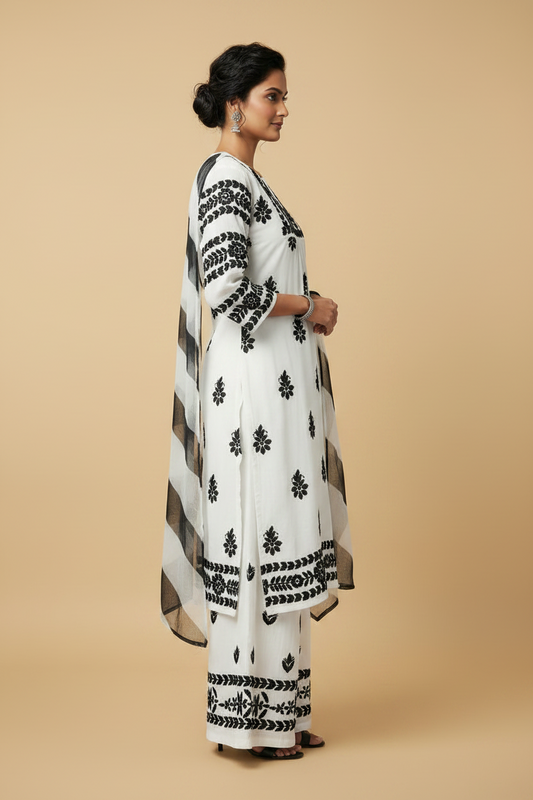White Chikankari Soft Modal Salwar Set with Leheriya Chiffon Dupatta