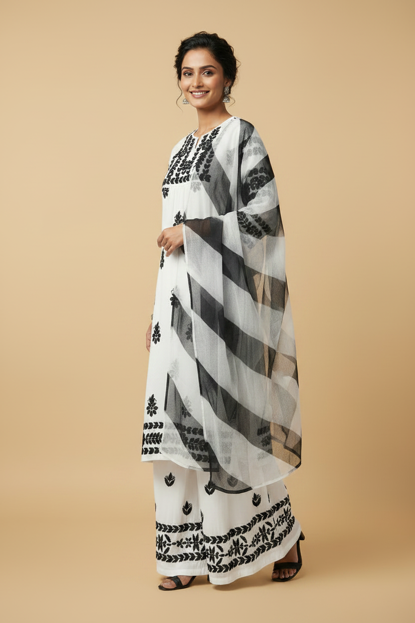 White Chikankari Soft Modal Salwar Set with Leheriya Chiffon Dupatta