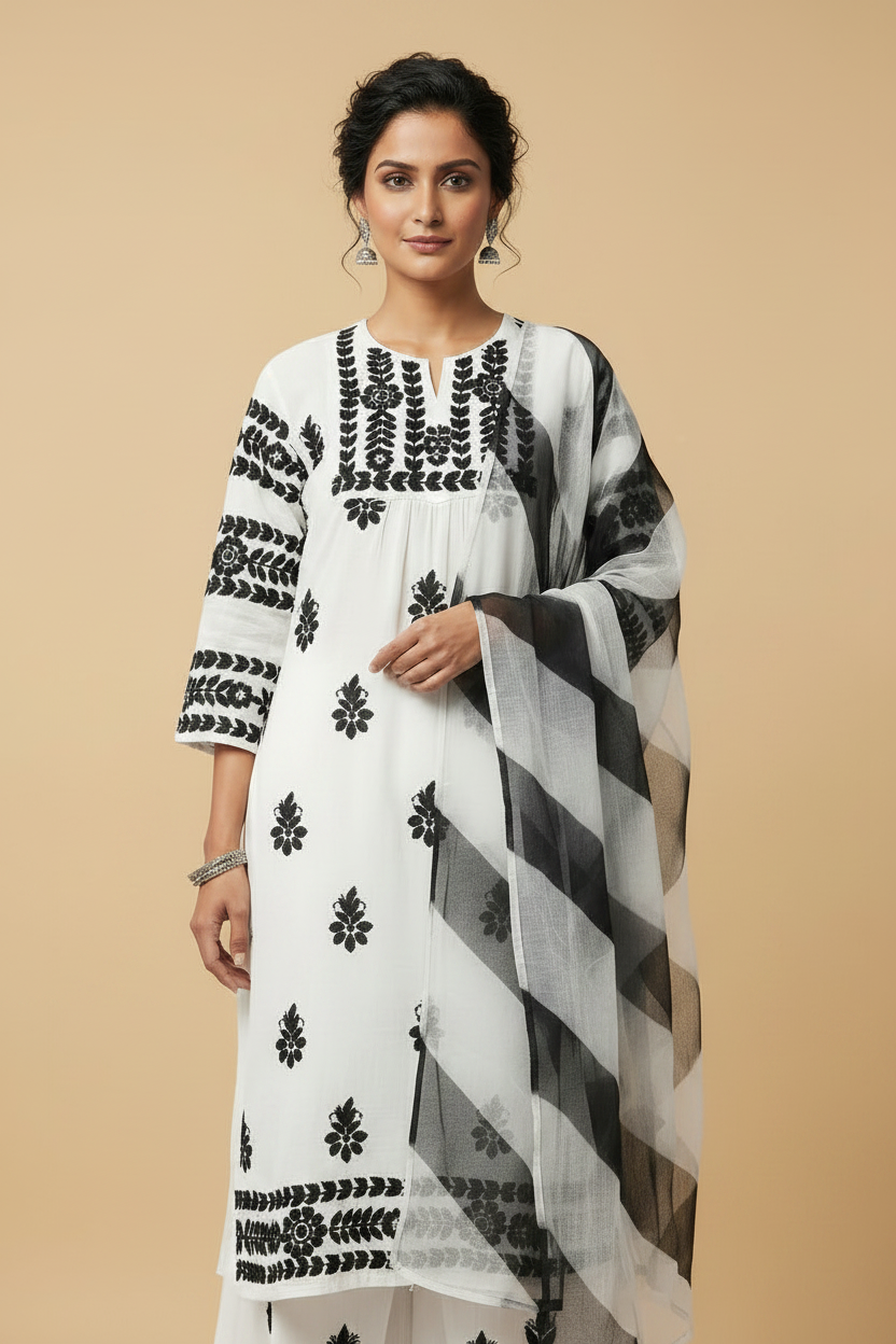 White Chikankari Soft Modal Salwar Set with Leheriya Chiffon Dupatta