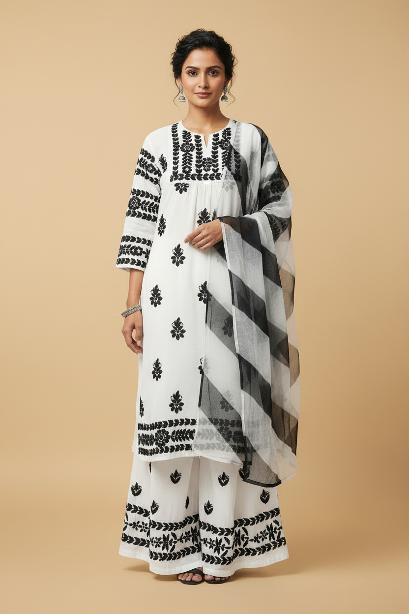 White Chikankari Soft Modal Salwar Set with Leheriya Chiffon Dupatta