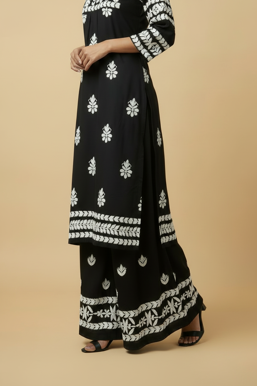 Black Chikankari Soft Modal Salwar Set with Leheriya Chiffon Dupatta