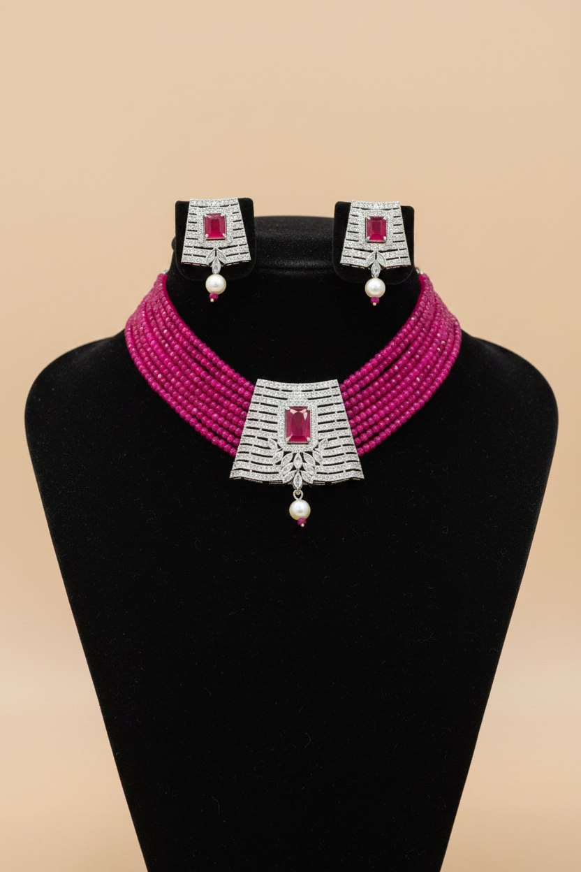 Pink AD & Beads Choker and Earrings Set