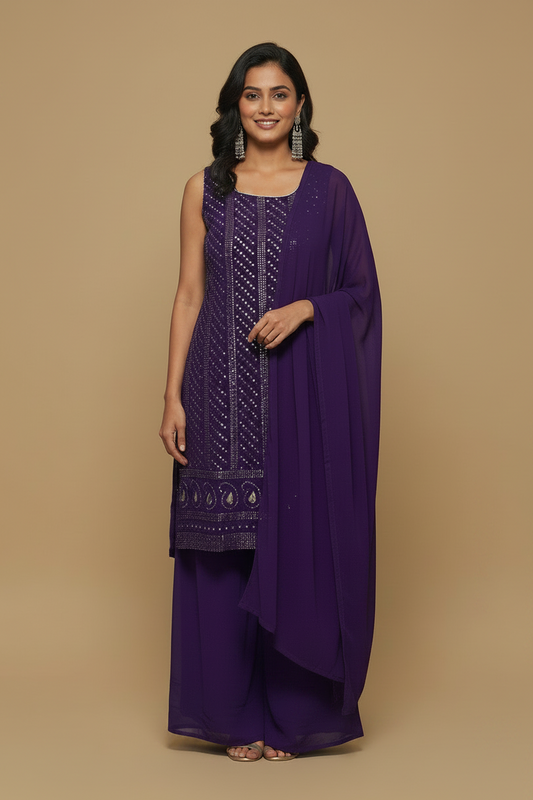 Purple Georgette Palazo Set with Sequin Embroidery