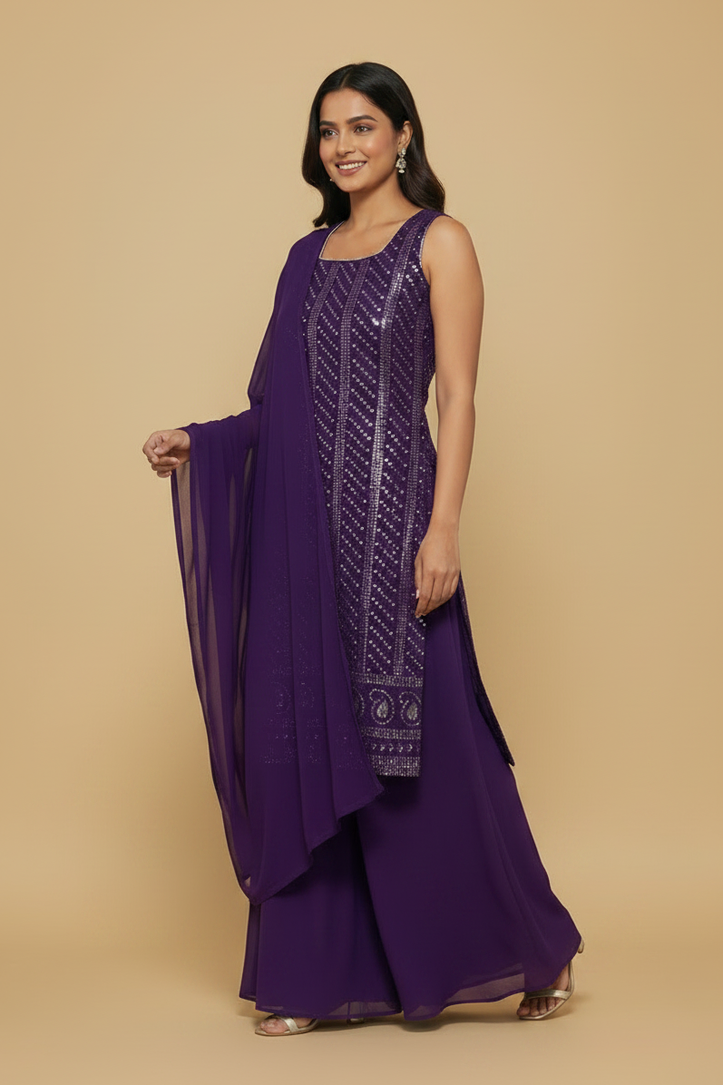 Purple Georgette Palazo Set with Sequin Embroidery