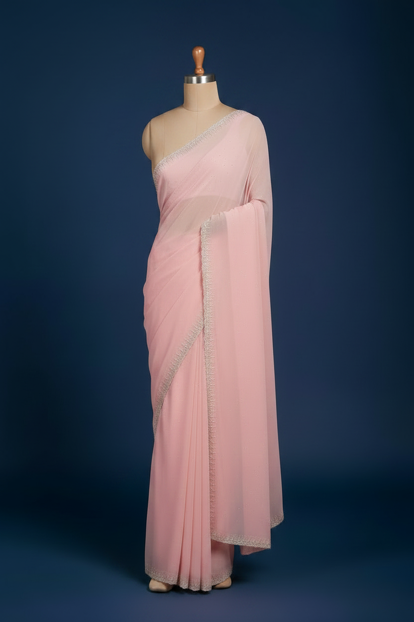 Pink Georgette Saree with Crystal Work