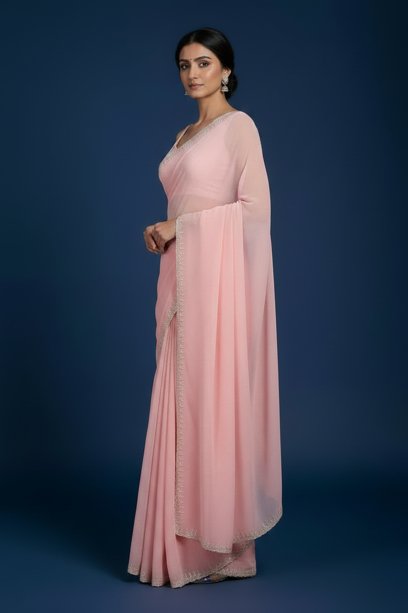 Pink Georgette Saree with Crystal Work